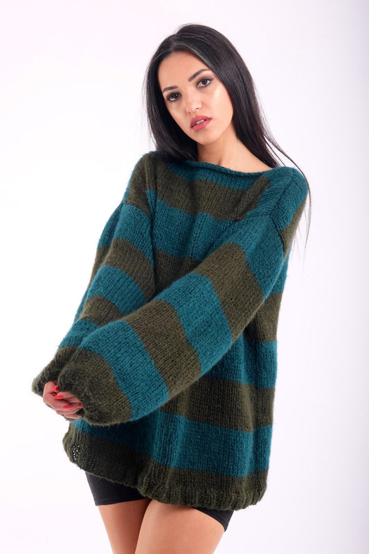 Handmade Green Striped Sweater Mohair