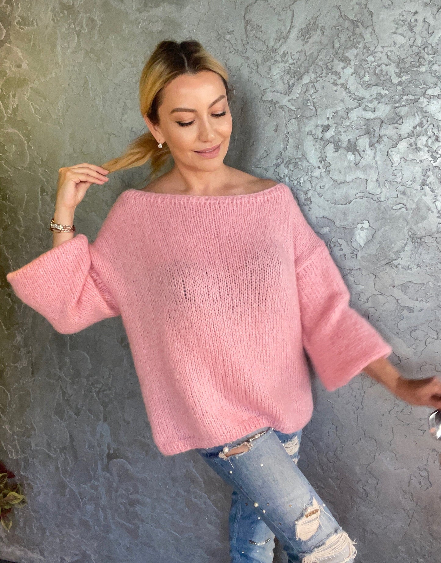 Off Shoulder Pink Mohair Sweater