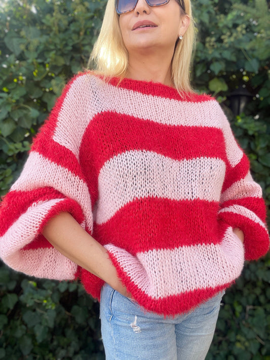 Handmade Pink and Red Striped Sweater